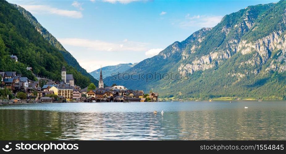 Famous Hallstatt mountain village, Salzkammergut, Austria in a beautiful summer day
