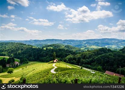 Famous Heart shaped wine road in Austria / Slovenia in summer, Heart form - Herzerl Strasse, vineyards in summer, Spicnik tourist spot. Famous Heart shaped wine road in Austria / Slovenia travel destination