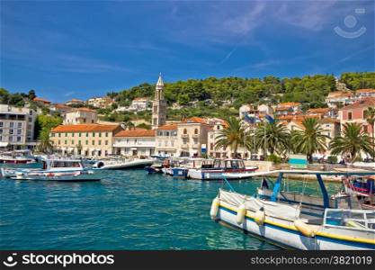 Famous Hvar palm waterfront view, Dalmatia, Croatia