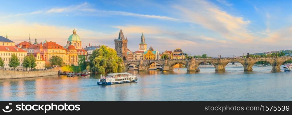 Famous iconic image of Charles bridge and Prague city skyline in Czech Republic