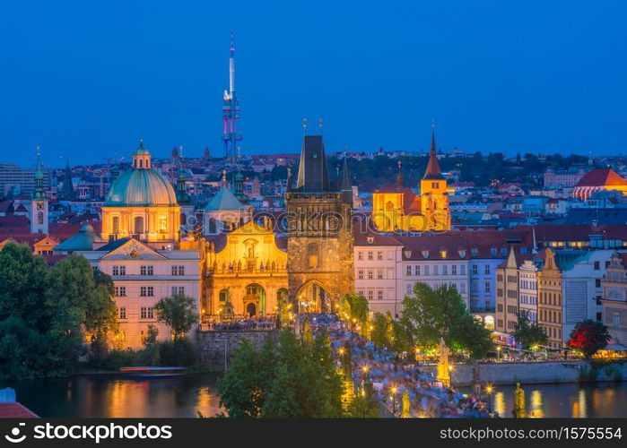 Famous iconic image of Charles bridge and Prague city skyline in Czech Republic