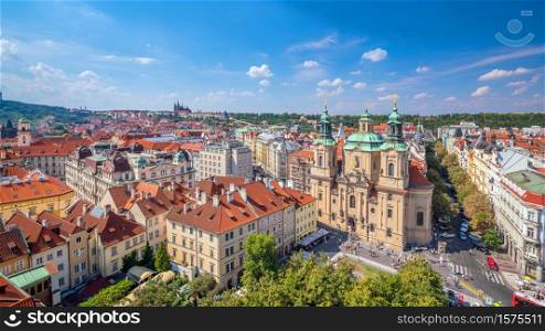 Famous iconic image of Prague city skyline in Czech Republic from top view