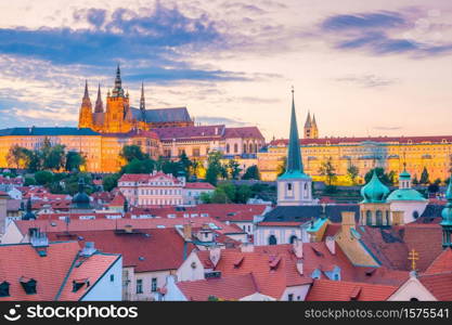 Famous iconic image of Prague city skyline with Prague Castle in Czech Republic