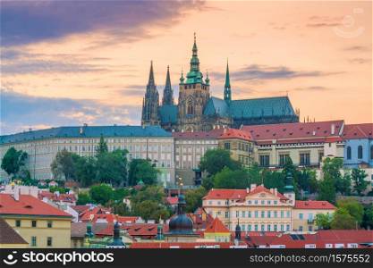 Famous iconic image of Prague city skyline with Prague Castle in Czech Republic