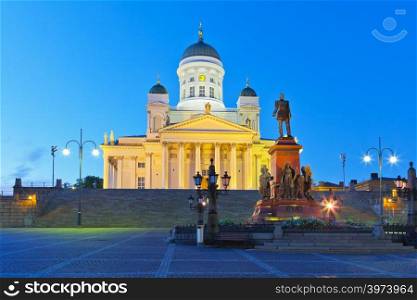 Famous landmark in Finnish capital: Senate Square with Lutheran cathedral and monument to Russian emperor Alexander II