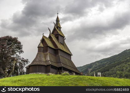 Famous landmark stave church in the village Vik in norway
