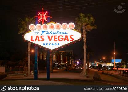 Famous Las Vegas sign at night in Las Vegas city, Nevada, USA. Famous Las Vegas sign