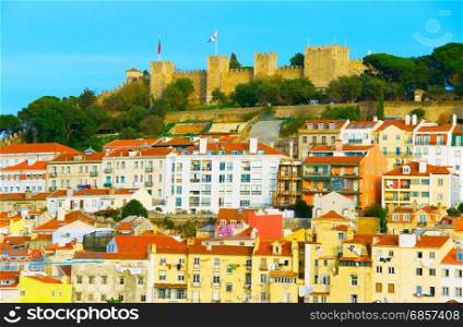 Famous Lisbon Castle on a top of a hill. Lisbon, Portugal
