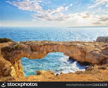 Famous Lovers Bridge or Raven Arch on Cape Cavo Greco. The main attraction of Cyprus.. Famous Lovers Bridge or Raven Arch on Cape Cavo Greco
