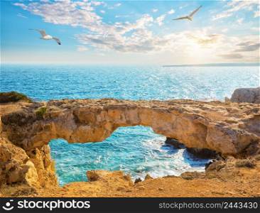 Famous Lovers Bridge or Raven Arch with seagulls in the sky. A popular tourist destination. Cape Cavo Greco, Ayia Napa, Cyprus. Famous Lovers Bridge or Raven Arch with seagulls in the sky