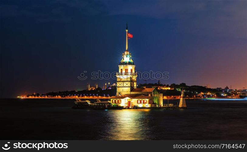 Famous Maiden&rsquo;s Tower in Istanbul, night lights.. Famous Maiden&rsquo;s Tower in Istanbul, night lights