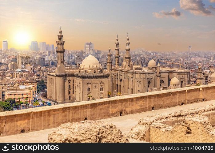 Famous mosque of Sultan Hassan in Cairo, aerial view.. Famous mosque of Sultan Hassan in Cairo, aerial view