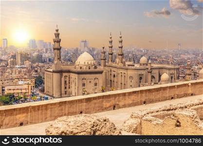 Famous mosque of Sultan Hassan in Cairo, aerial view.. Famous mosque of Sultan Hassan in Cairo, aerial view