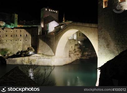 Famous Old Bridge in Mostar by night.