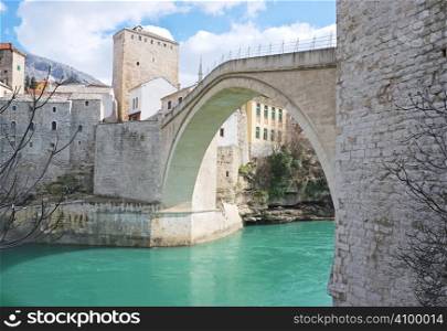 Famous Old Bridge in Mostar on a sunny winter day.