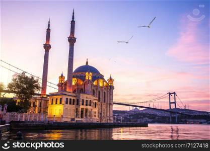 Famous Ortakoy Mosque at sunrise, Istanbul, Turkey.. Famous Ortakoy Mosque at sunrise, Istanbul, Turkey