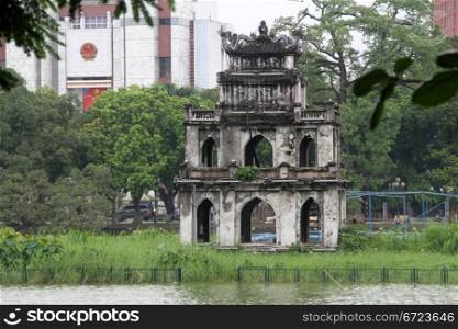 Famous pagoda on the Hoan Kiem lake in Hanoi, Vietnam