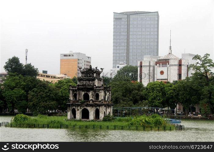 Famous pagoda on the Hoan Kiem lake in Hanoi, Vietnam