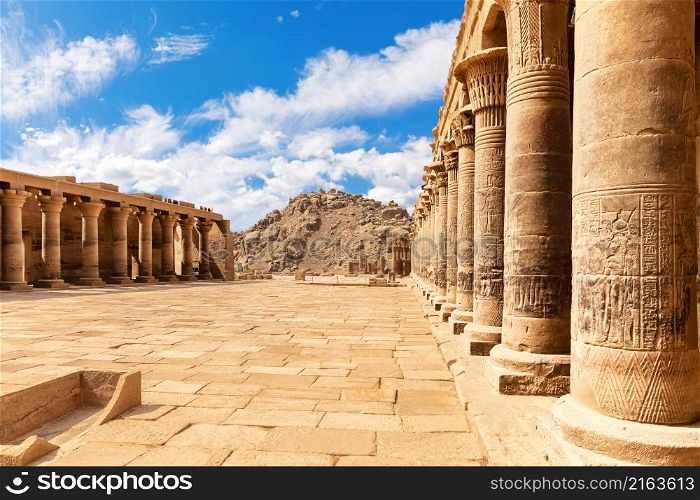 Famous Philae Temple, colonnade of the forecourt, Aswan, Egypt. Philae Temple, colonnade of the forecourt, Aswan, Egypt