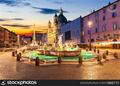 Famous Piazza Navona at sunset with the Fountain of Neptune, Rome, Italy.