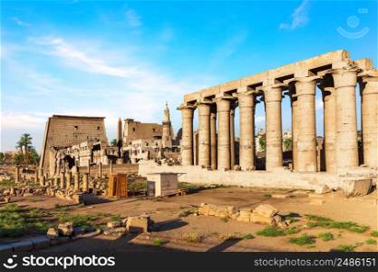 Famous Pylon of Luxor Temple, view of the pillars and statues, Egypt.. Famous Pylon of Luxor Temple, view of the pillars and statues, Egypt