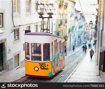 Famous retro designed funicular in the Old Town street of Lisbon, Portugal