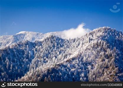 Famous Smoky Mountain view of Mount Leconte covered in snow in early spring