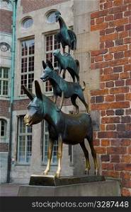 Famous statue in the centre of Bremen, Germany, depicting the donkey, dog, cat and cockerel from Grimm&acute;s famous fairy tale The Bremen Town Musicians