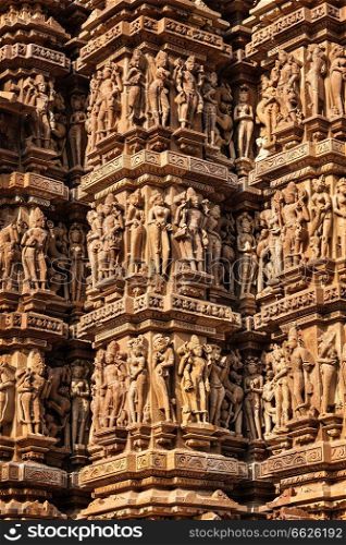 Famous stone carving sculptures, Kandariya Mahadev Temple, Khajuraho, India. Unesco World Heritage Site. Famous stone carving sculptures of Khajuraho