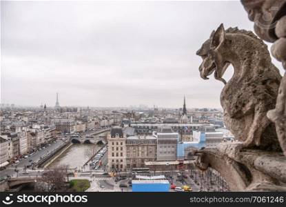 Famous Stone demons gargoyle and chimera with Paris city on background.. Paris aerial view with Chimera of Notre Dame