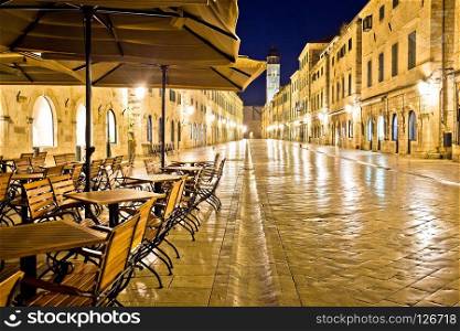 Famous Stradun street and cafe in Dubrovnik night view, Dalmatia region of Croatia