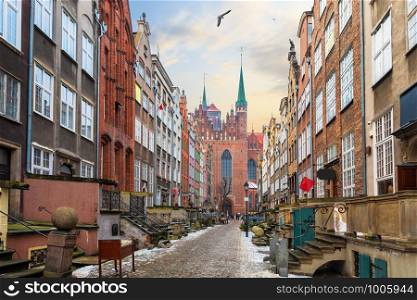 Famous street of Gdansk, Mariacka street, view on St Mary's Church, Poland.. Famous street of Gdansk, Mariacka street, view on St Mary's Church, Poland