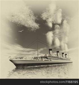 Famous Titanic ship floating among icebergs on the water by cloudy day, vintage style - 3D render. Titanic ship - 3D render