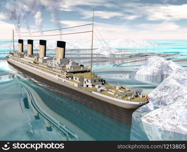 Famous Titanic ship floating among icebergs on the water by cloudy day. Titanic ship - 3D render