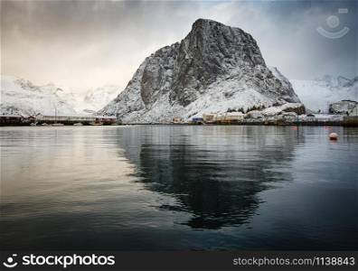 Famous tourist attraction Hamnoy fishing village on Lofoten Islands, Norway with rorbu houses in winter