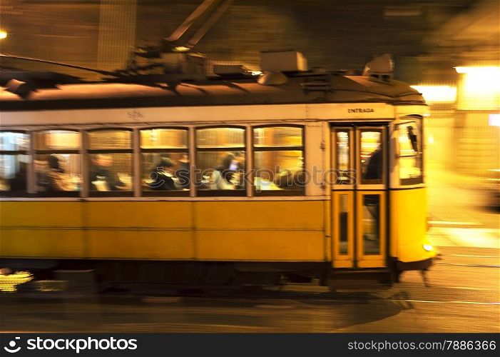 Famous tram 28 at night in Lisbon, Portugal. Motion Blur