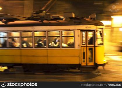 Famous tram 28 at night in Lisbon, Portugal. Motion Blur