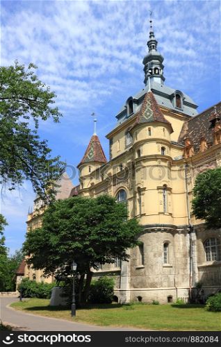Famous Vajdahunyad castle with towers in Budapest, Hungary
