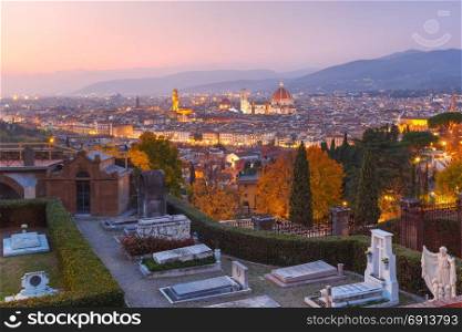 Famous view of Florence at beautiful sunset, Italy. Duomo Santa Maria Del Fiore and tower of Palazzo Vecchio at beautiful sunset in Florence, Tuscany, Italy