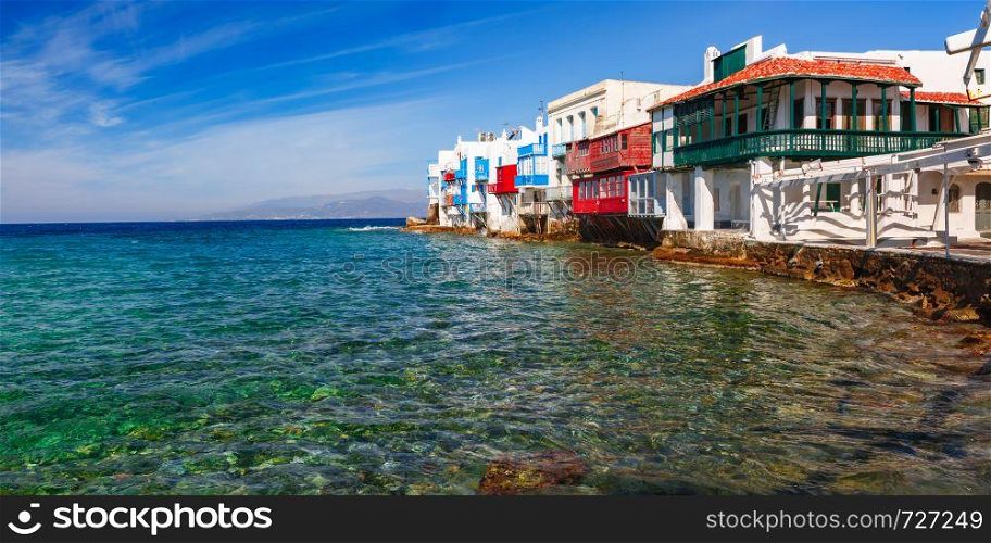 Famous view of Mikri Venetia or Little Venice on the island Mykonos, The island of the winds, Greece. Little Venice on island Mykonos, Greece