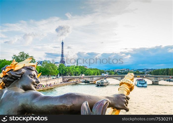 famouse Alexandre III Bridge details and Eiffel Tower, Paris, France, retro toned. Bridge of Alexandre III, Paris, France