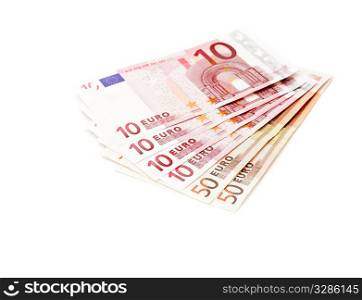 fan of the 10 and 50 euros banknotes isolated on white