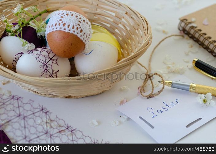 Fancy eggs are in the basket on white background. Easter concept