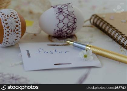 Fancy eggs are on white background. Easter concept