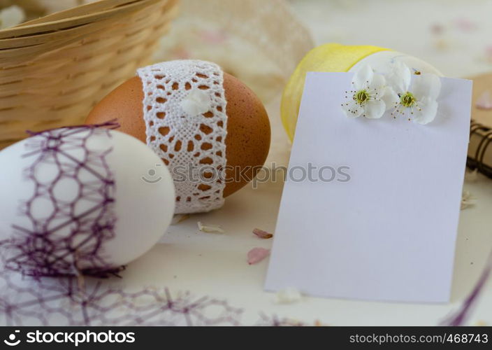 Fancy eggs are on white background. Easter concept