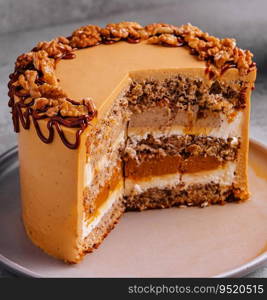 Fancy layered walnut cake with caramel