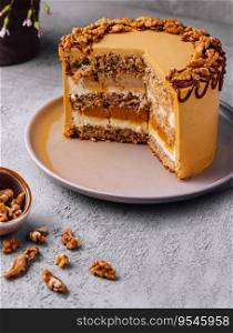 Fancy layered walnut cake with caramel