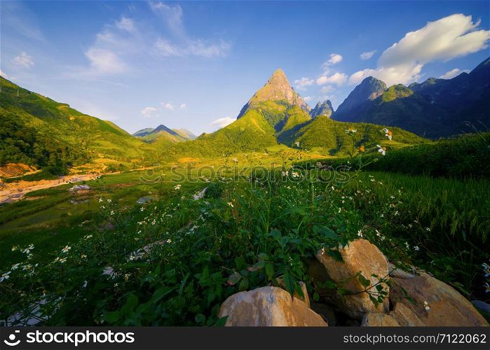 Fansipan mountain hills valley on summer with flowers and blue sky in travel trip and holidays vacation concept, Sapa, Vietnam. Landscape background.