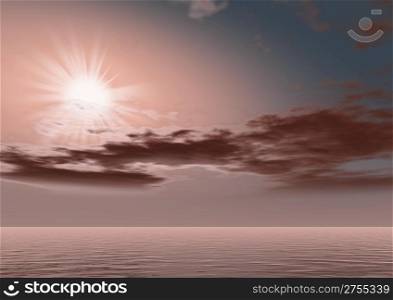 Fantastic alien sunrise.On a background of water of abstract color the bright sun in brown tones.