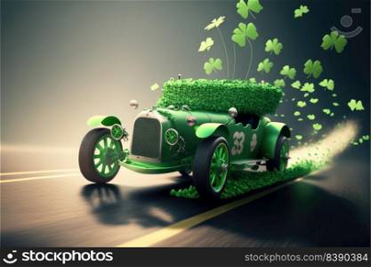 Fantastic car with the Irish green color and many shamrocks. Image for Saint Patrick’s card. Generative AI